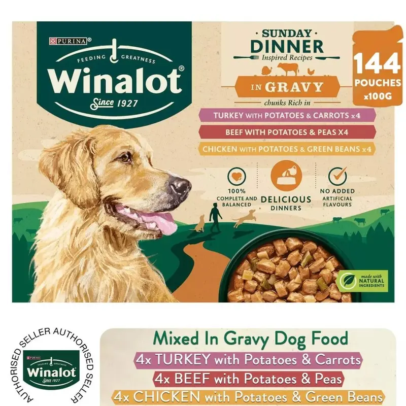 144 X Winalot Wet Dog Food Sunday Dinner Mixed In Gravy, 8 Months-6 Years 100G