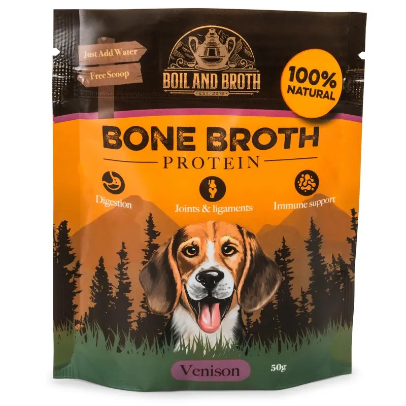 Boil and Broth Dehydrated Venison Broth for Dogs, 50g resealable pouch. Makes 1L