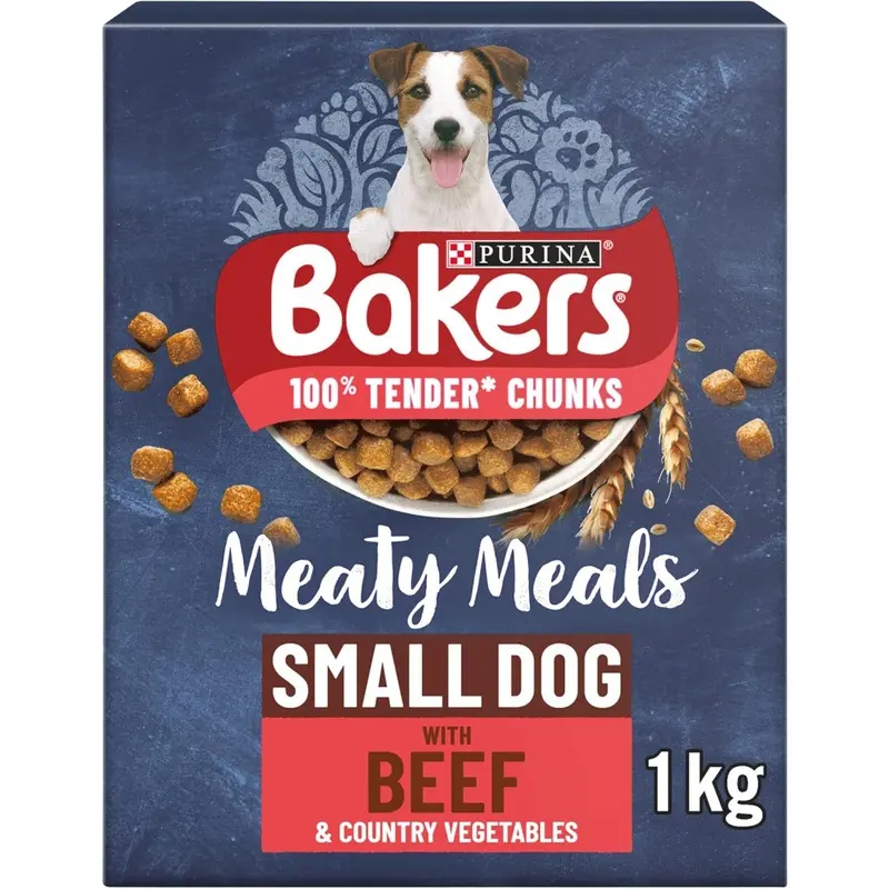 New Bakers Meaty Meals Dog Beef Dry Dog Food 1Kg, (Pack Of 5) Small