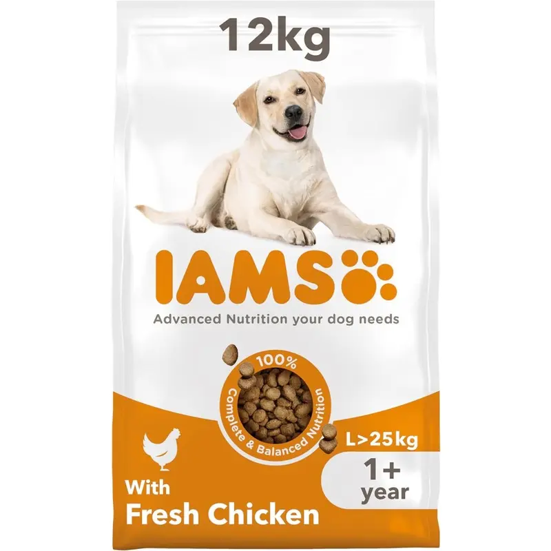 New Iams Complete Dry Dog Food For Adult 1+ Large Breeds With Chicken 12 Kg