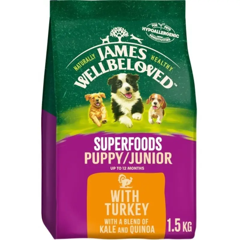James Wellbeloved Superfood Puppy Dry Dog Food Turkey - Green/Brown/White 1.5Kg