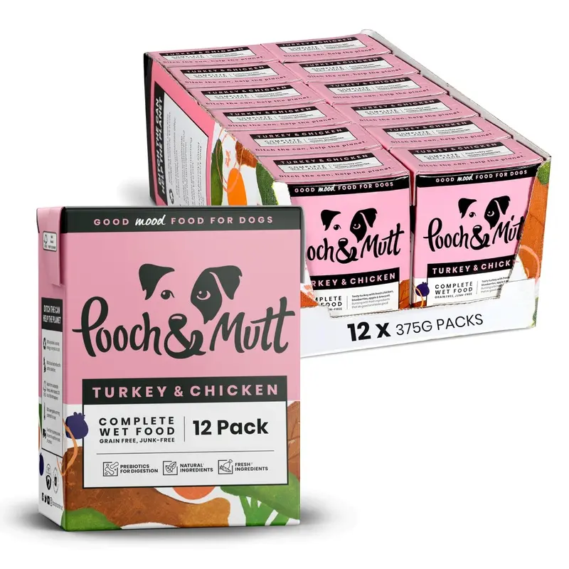 Pooch & Mutt - Turkey & Chicken Pack of Complete Wet Dog Food, Dry Dog Food Topper, 12x375g