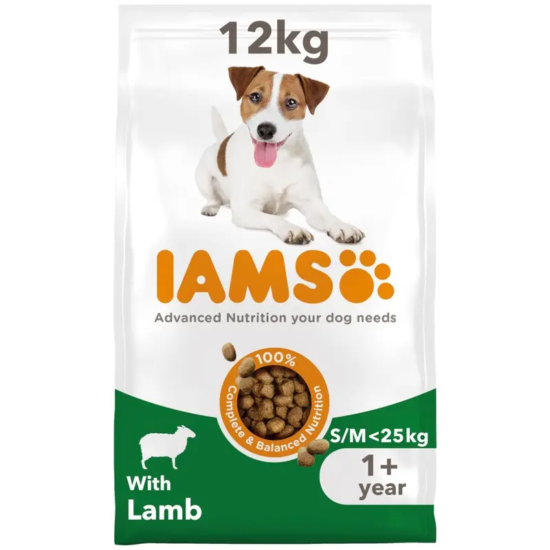 New Iams Complete Dry Dog Food For Adult 1+ And Breeds With Lamb 12 Kg Small