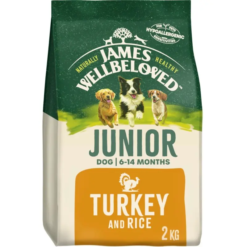 New James Wellbeloved Natural Junior Complete Dry Dog Food Biscuit Turkey & Rice 2Kg