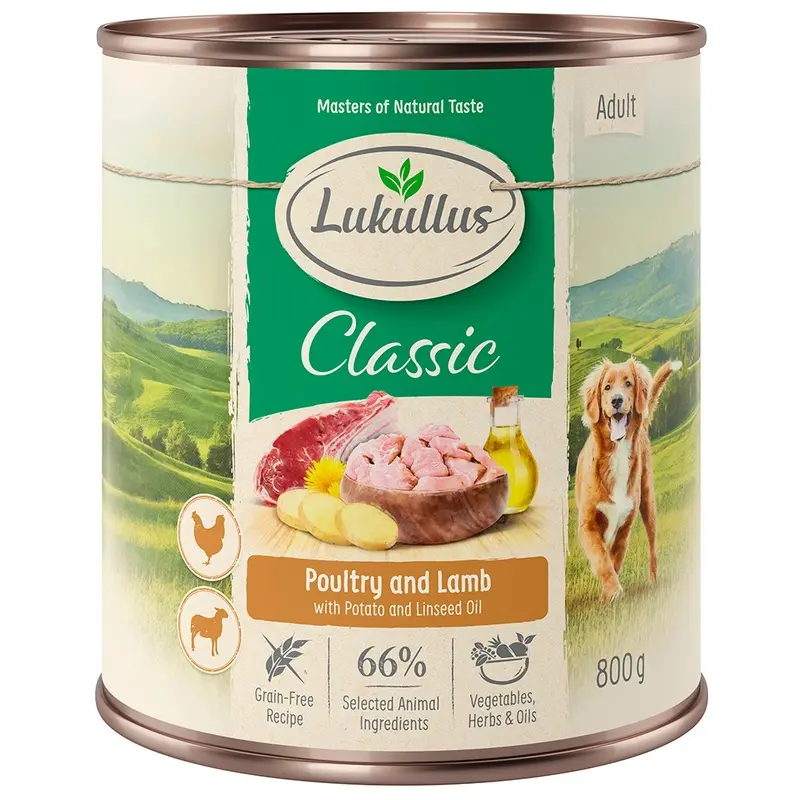 Lukullus 6 X 800G Wet Dog Food - 5 + 1 Free! * - Adult Poultry & Lamb - Grain-Free (6 X 800G)