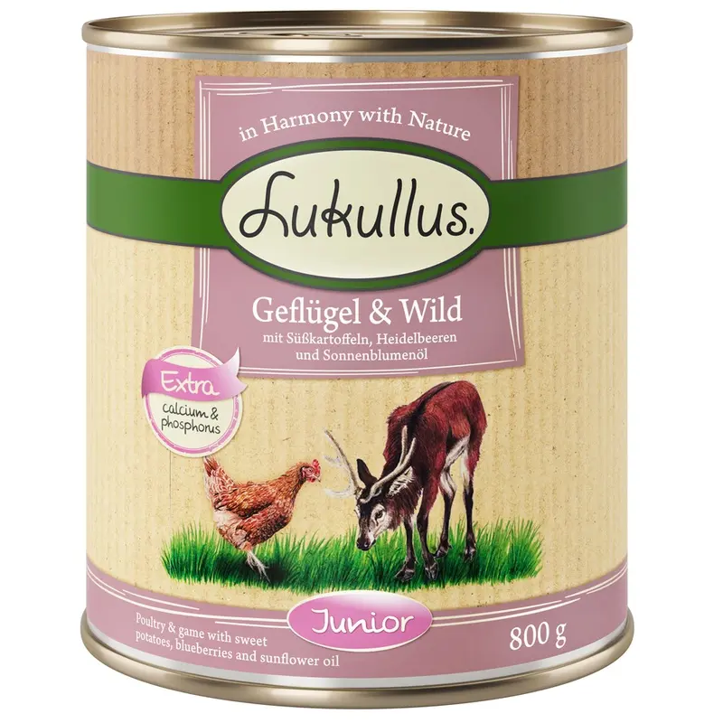 Lukullus 6 X 800G Wet Dog Food - 5 + 1 Free! * - Junior Poultry & Game - Grain-Free (6 X 800G)