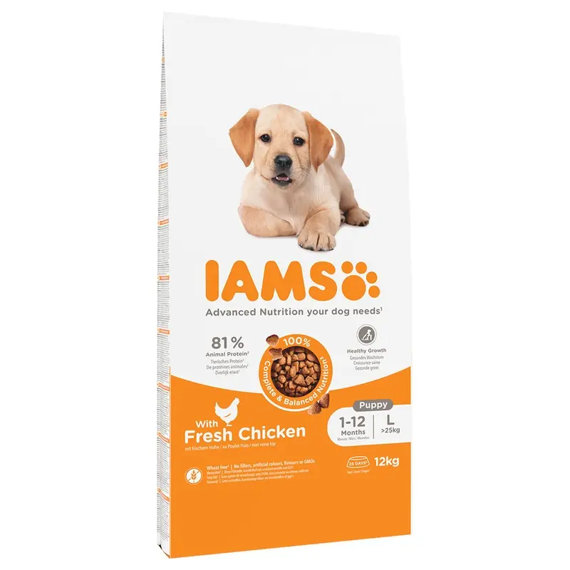 Iams 12Kg Dry Dog Food - 10Kg + 2Kg Free! * - Puppy & Junior Large - Chicken (12Kg)