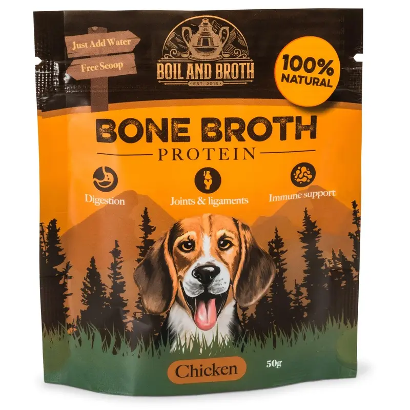 Boil and Broth Dehydrated Chicken Broth for Dogs, 50g resealable pouch. Makes 1L