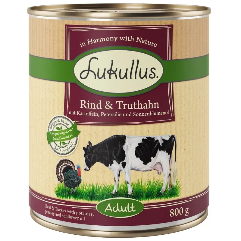 Lukullus 6 X 800G Wet Dog Food - 5 + 1 Free! * - Adult Beef & Turkey - Grain-Free (6 X 800G)