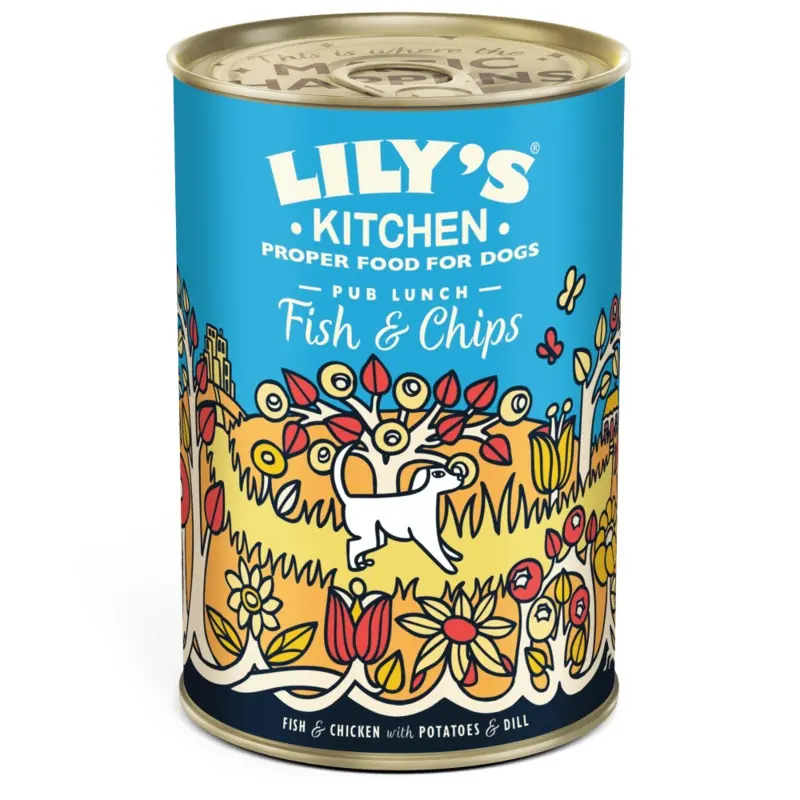 Lilys Kitchen White/Grain Dog Cans Pub Lunch Fish And Chips For Dogs 400G