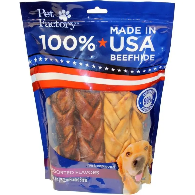 USA Beefhide Braided Sticks 6Pk 6in Beef/Chicken