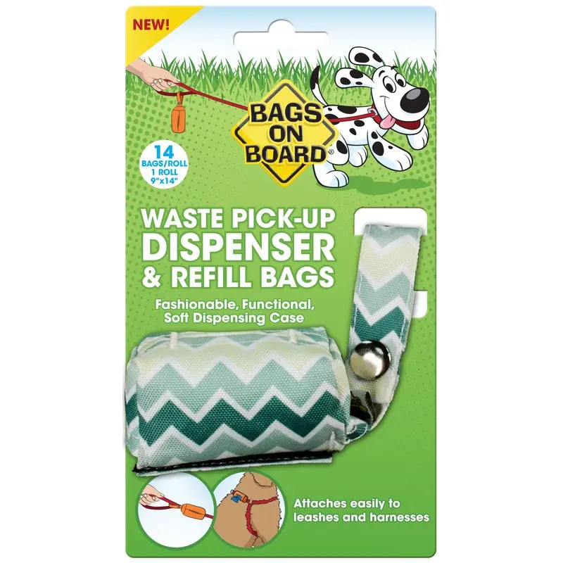 Bags on Board Fashion Waste Pick-up Bag Dispenser Green Chevron Print 14 bags