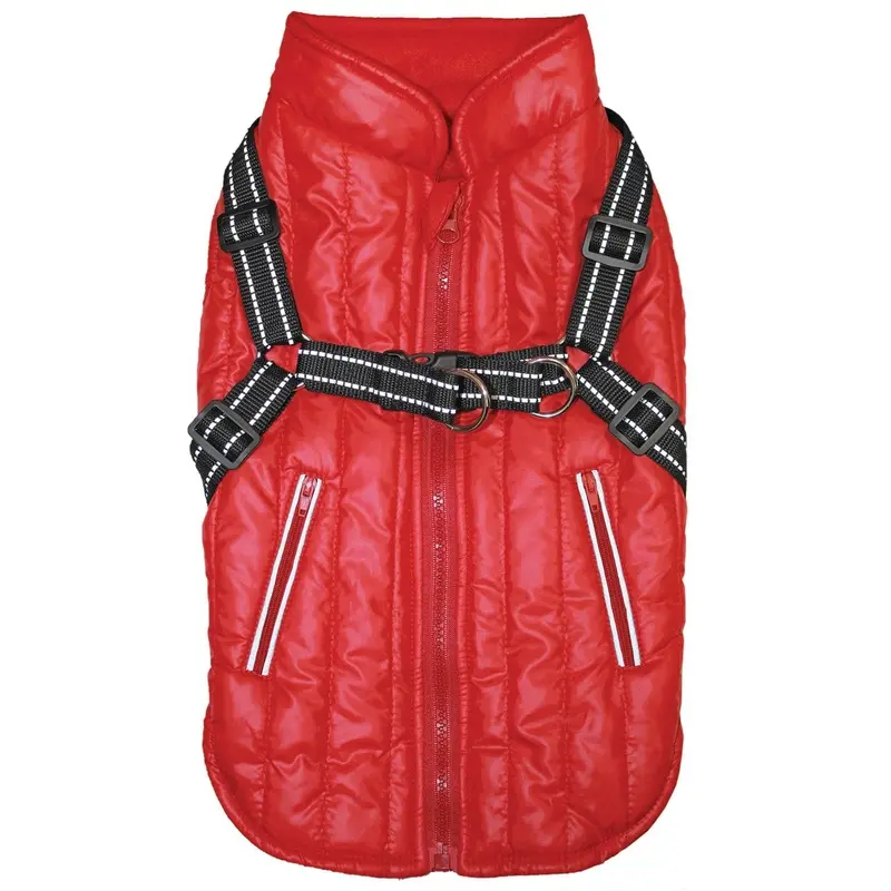 Fleece-Lined Puffy Parka Dog Jacket with Built-In Harness