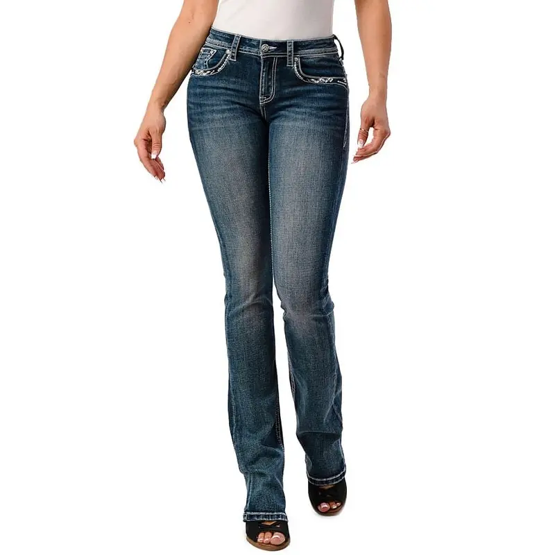 Grace in LA Cactus Embellished Mid Rise Bootcut Jeans
