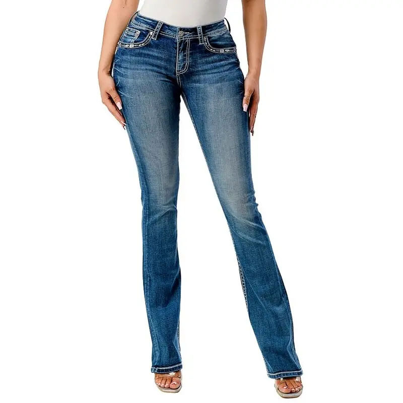 Grace in LA Steer Head Embroidered Mid Rise Bootcut Jeans