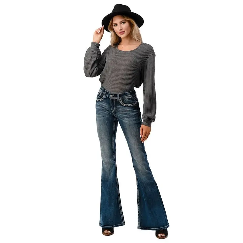 Grace in LA Aztec Embellished Mid Rise Flare Jeans