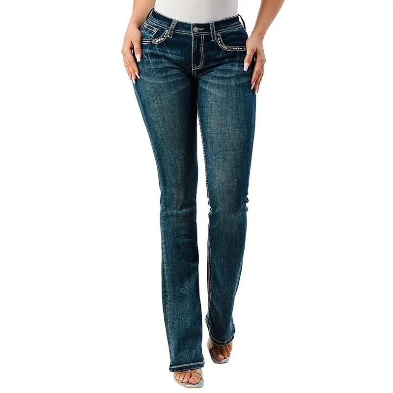 Grace in LA Horse Embroidered Mid Rise Bootcut Jeans