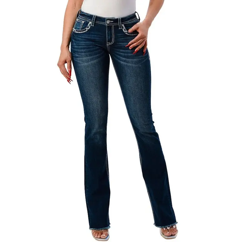 Grace in LA Women's Western Horseshoe Embellished Mid Rise Stretch Bootcut Jeans