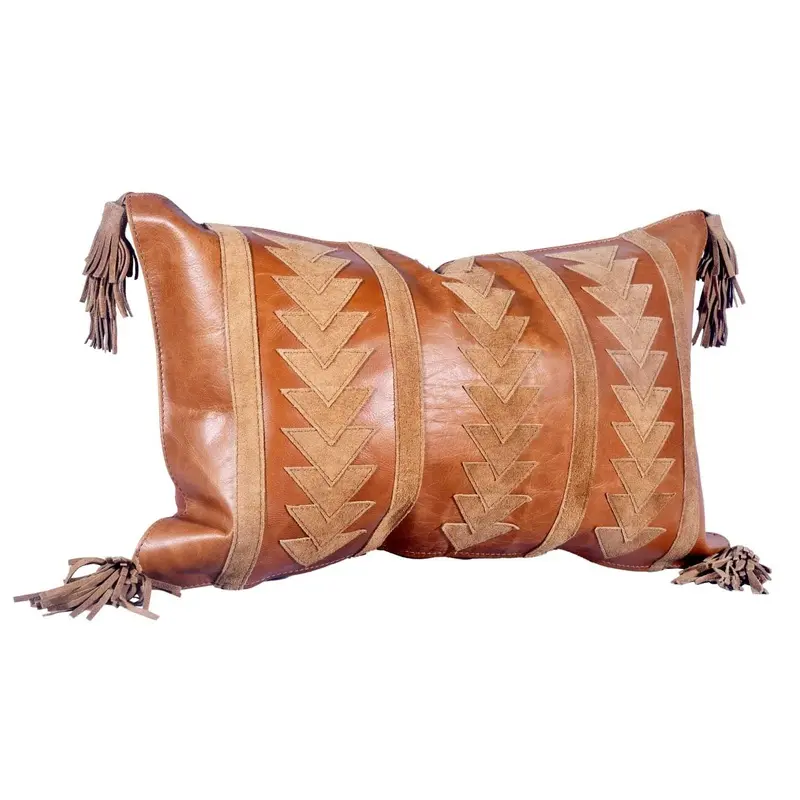 Arrow Genuine Leather Tasseled Throw Pillow
