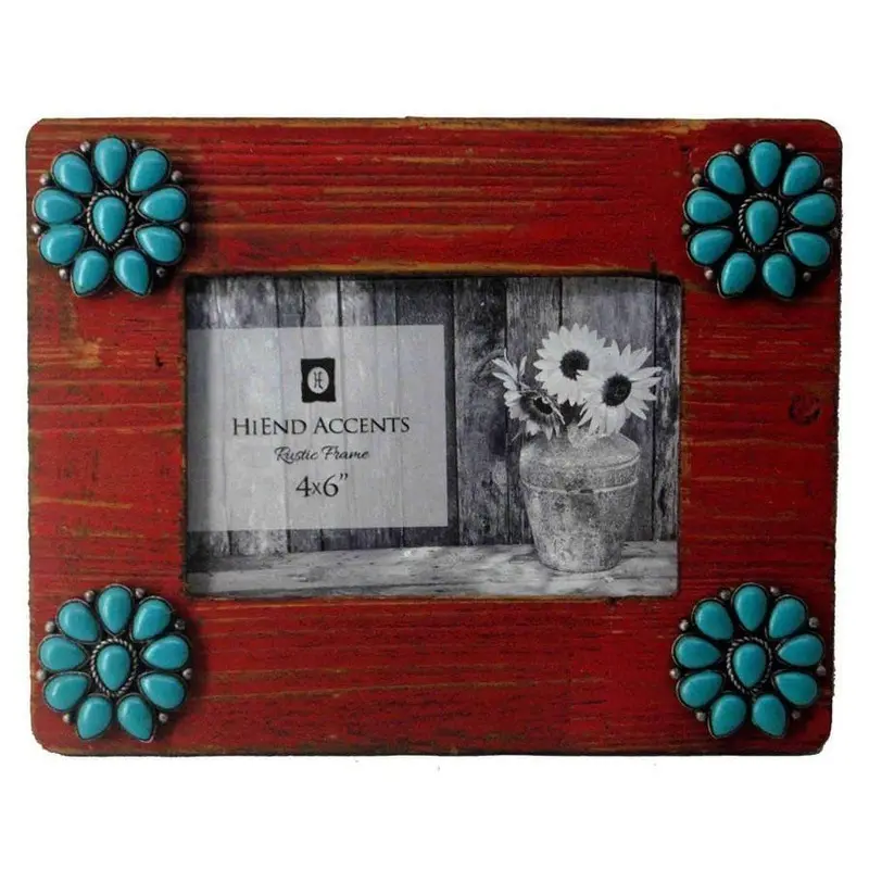 Red Picture Frame with Turquoise Squash Blossoms, 4" x 6"