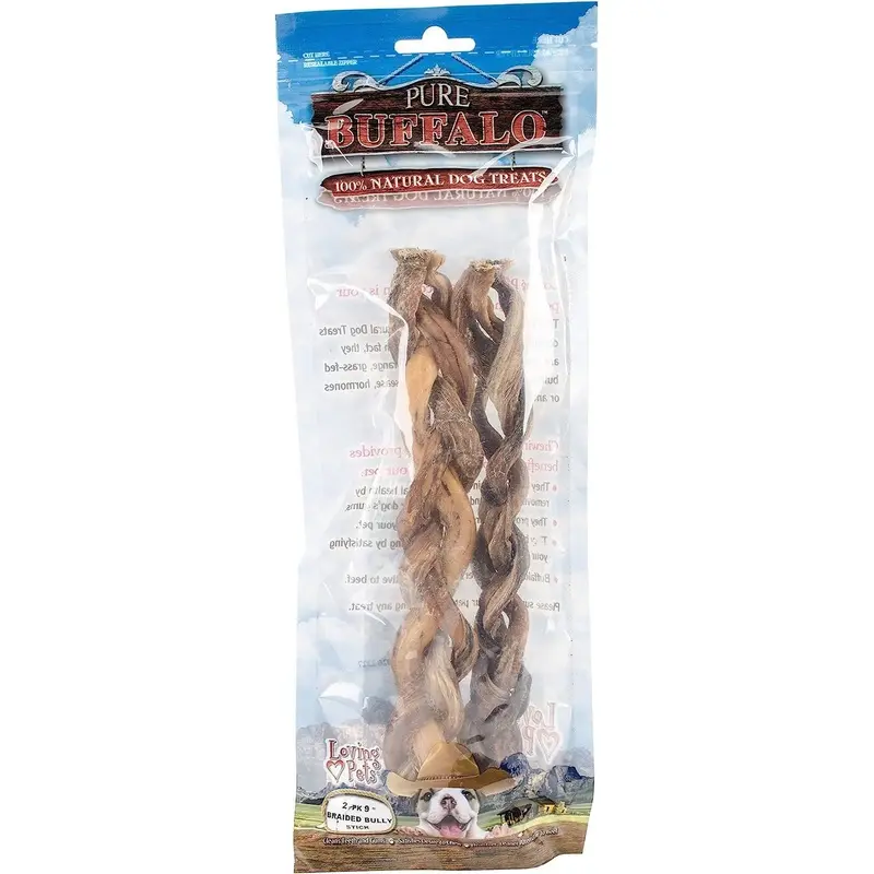 9" Pure Buffalo Braided Bully Stick, 2 PK
