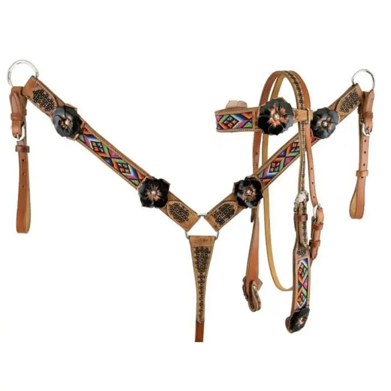 Showman Beaded Aztec & 3D Leather Flower Tack Set