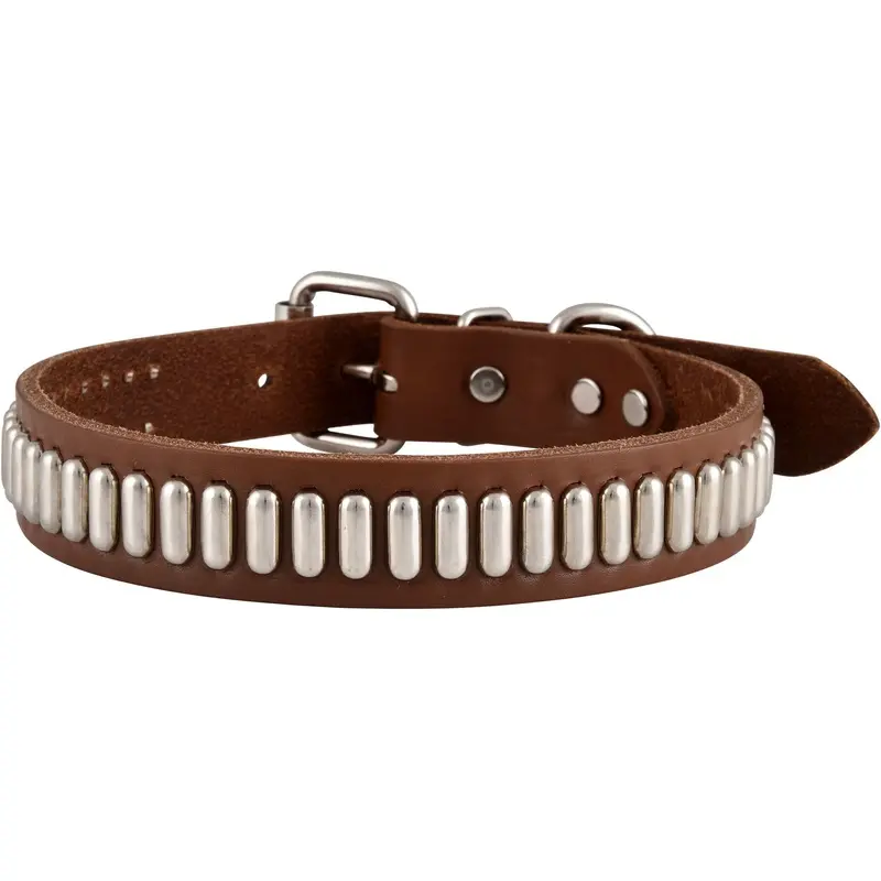 Bully Leather Brown Dog Collar with Oblong Studs, 1"W x 23"L