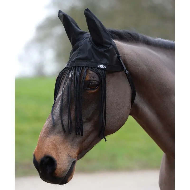 Saxon Fly Fringe Bonnet for Horses with Ears, Black