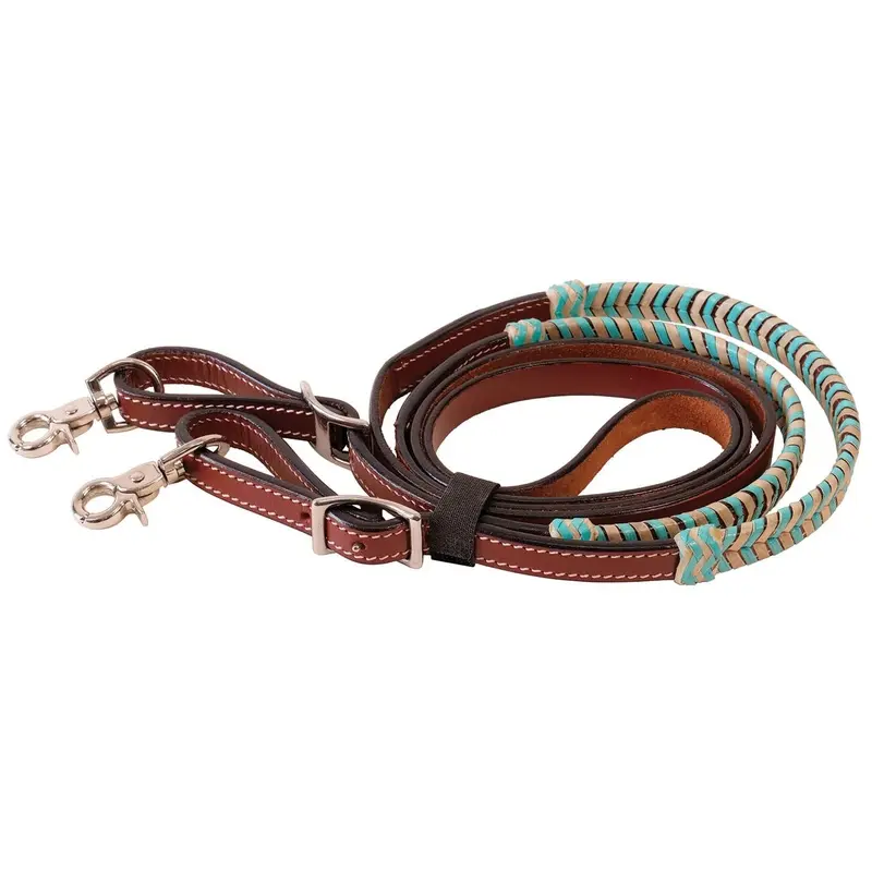 Buffalo Leather Turquoise Rawhide Laced Roping Rein, 7 ft