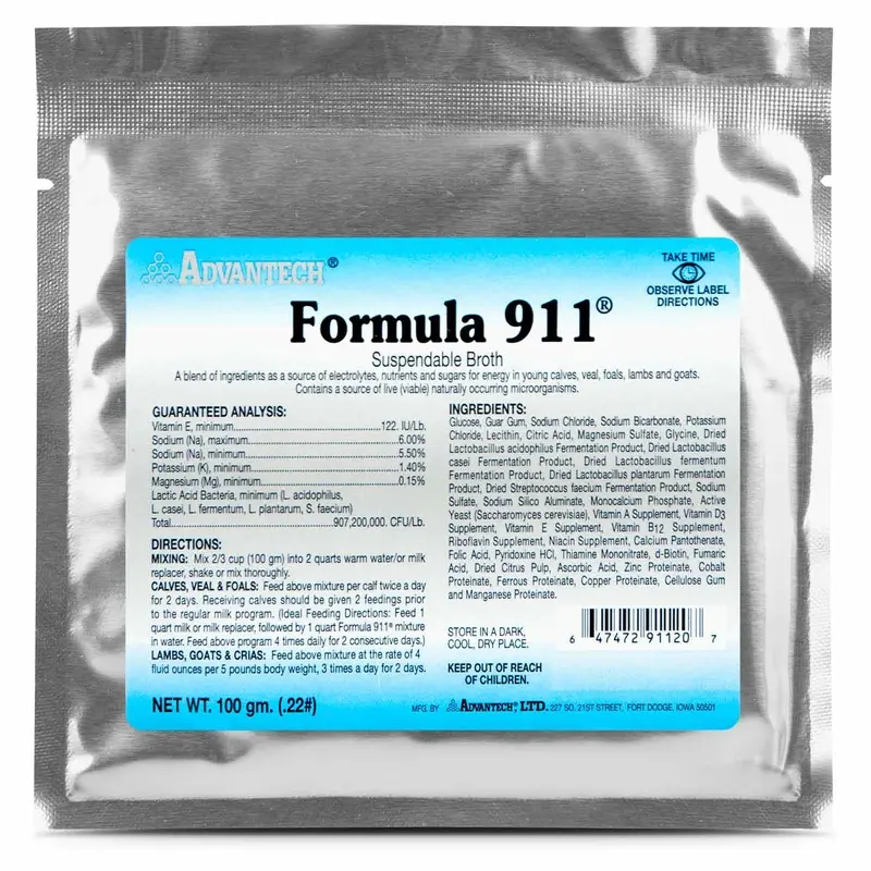 Formula 911  Suspendable Broth (100 gram pk) Oral Rehydration Powder for Livestock