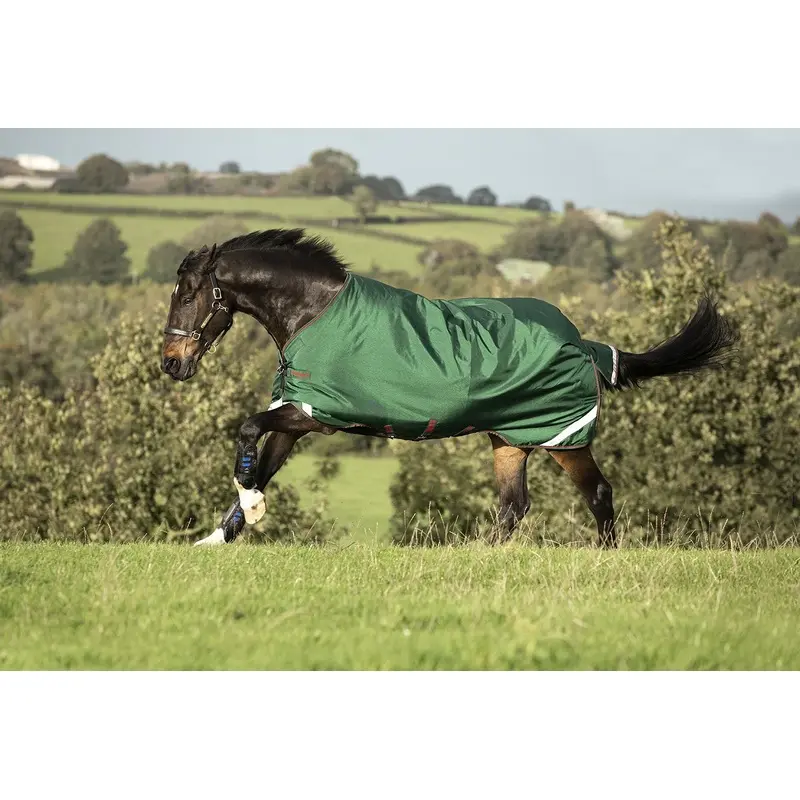 Rambo Original Turnout Rug with Leg Arches, 100 Gram, Green/Red