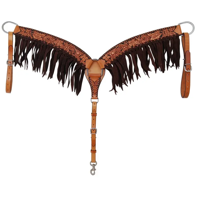 Rafter T Floral Tooled Breast Collar with Fringe