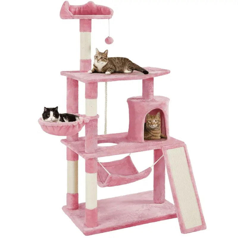 Easyfashion 63.5H Multi Level Cat Tree Condo with Scratching Post, Pink