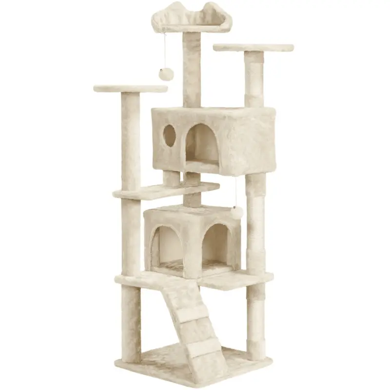 SmileMart 62H Double Condo Cat Tree with Scratching Post Tower, Beige