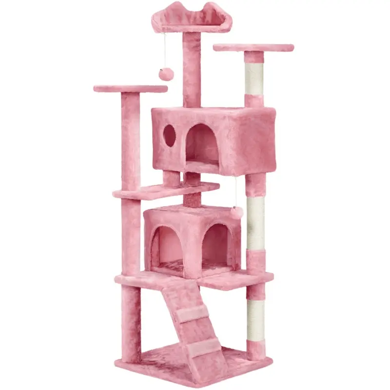 SmileMart 62H Double Condo Cat Tree with Scratching Post Tower, Pink