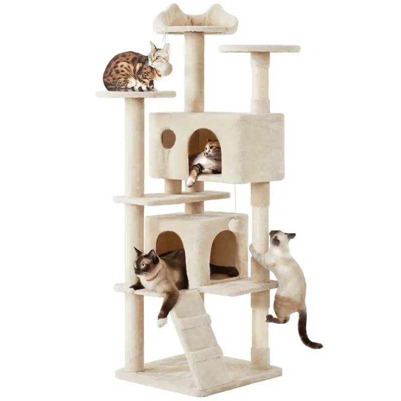 Easyfashion 70 Cat Tree Condo with 3 Platform & 3 Scratching Posts, Beige
