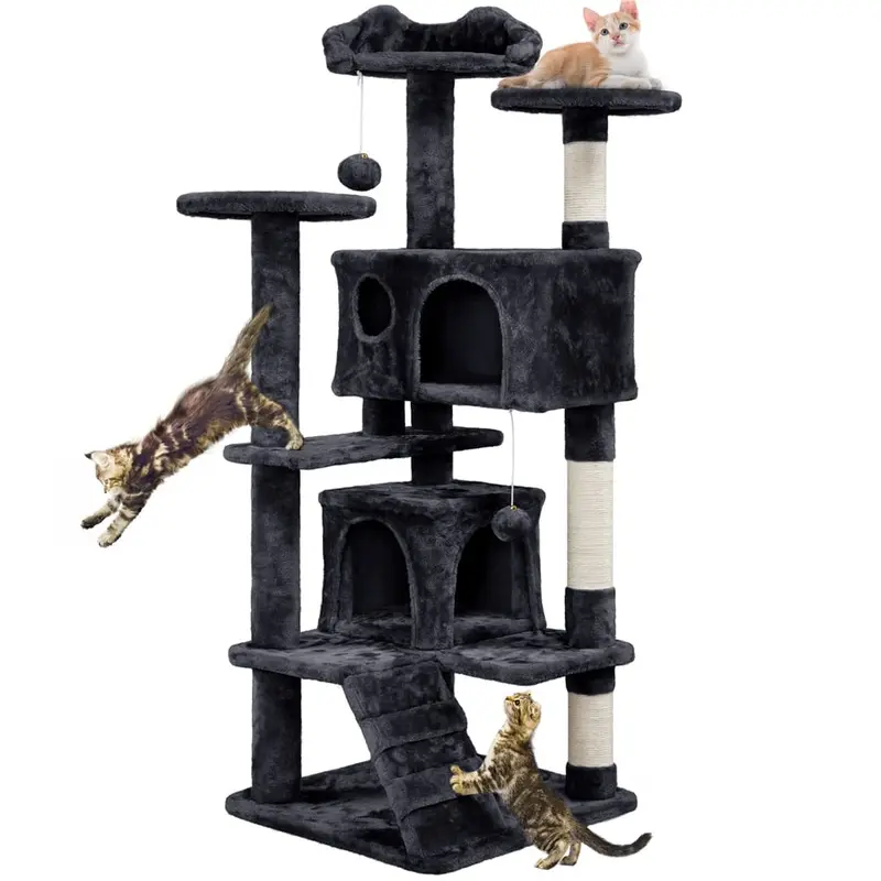 Easyfashion Cat Tree Condo Tower with Scratching Post fot Kittens, Brown, 54 H