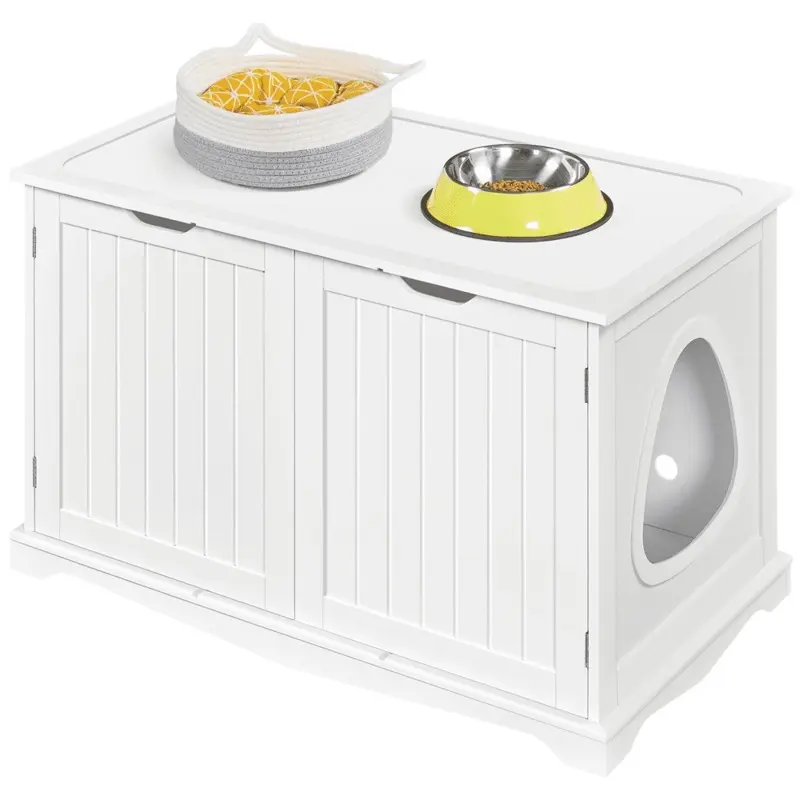 Easyfashion Wooden Cat Litter Box with Divider, White