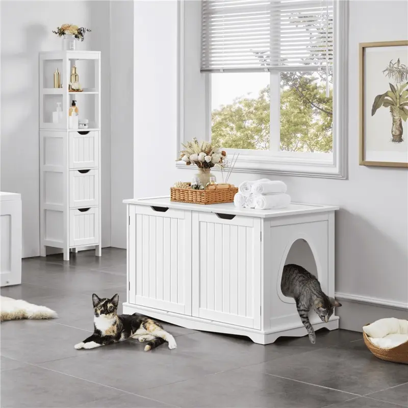 SmileMart Wooden Cat Litter Box Side Table Washroom Storage Bench with Divider, White