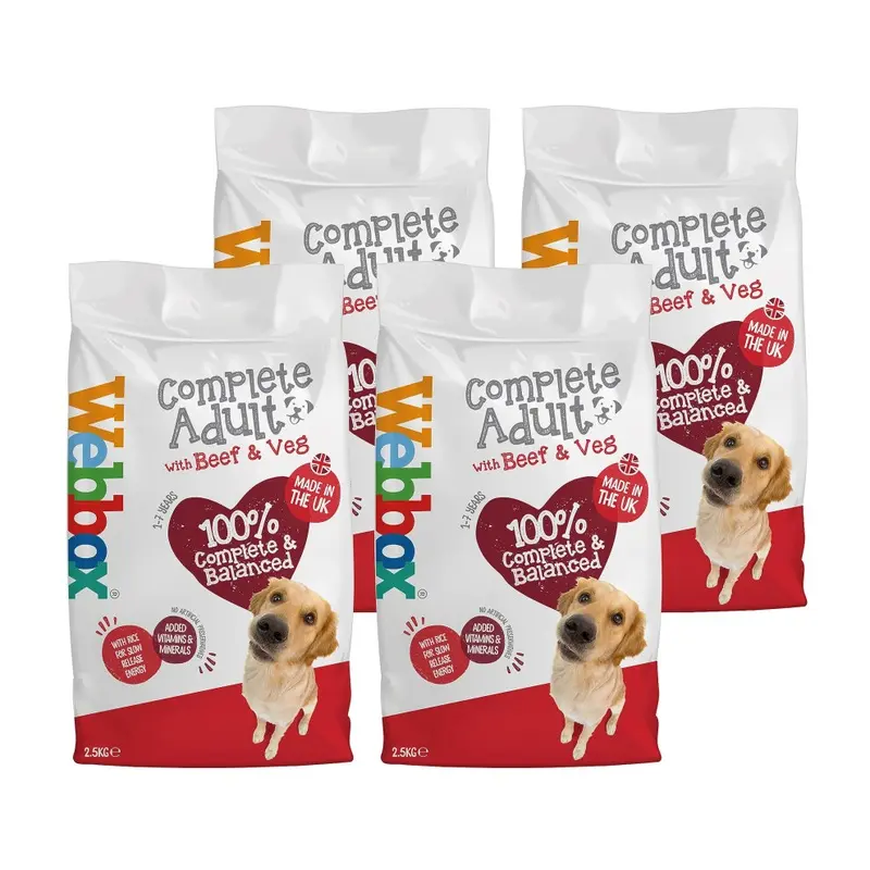 New Webbox Complete Dry Dog Food (Adult), Beef And Vegetables - Wholegrain Cereals With Added Calcium And Essential Oils, Made In The Uk (4 X 2.5Kg Bags) Size 4