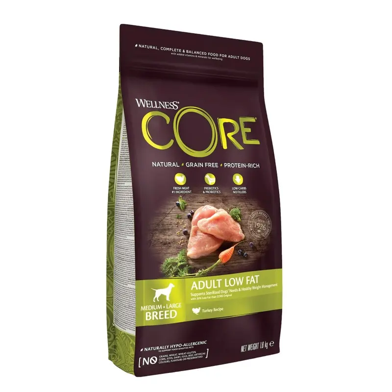 Wellness Core Grain Adult Low Fat, 1.8Kg, Turkey, Dry Dog Food For To Breeds, -Free, High Meat Content, Protein-Rich, Low In Fat, Supports Medium