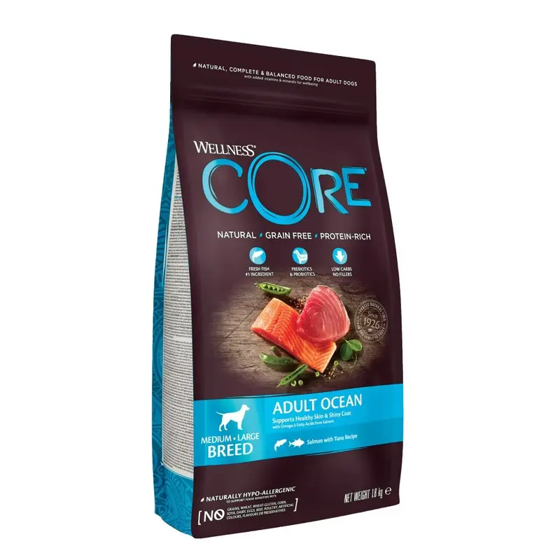 Wellness Core Salmon/Grain Adult Ocean, 1.8Kg, & Tuna, Dry Dog Food For To Breeds, -Free, High Fish Content, Protein-Rich, Supports Medium