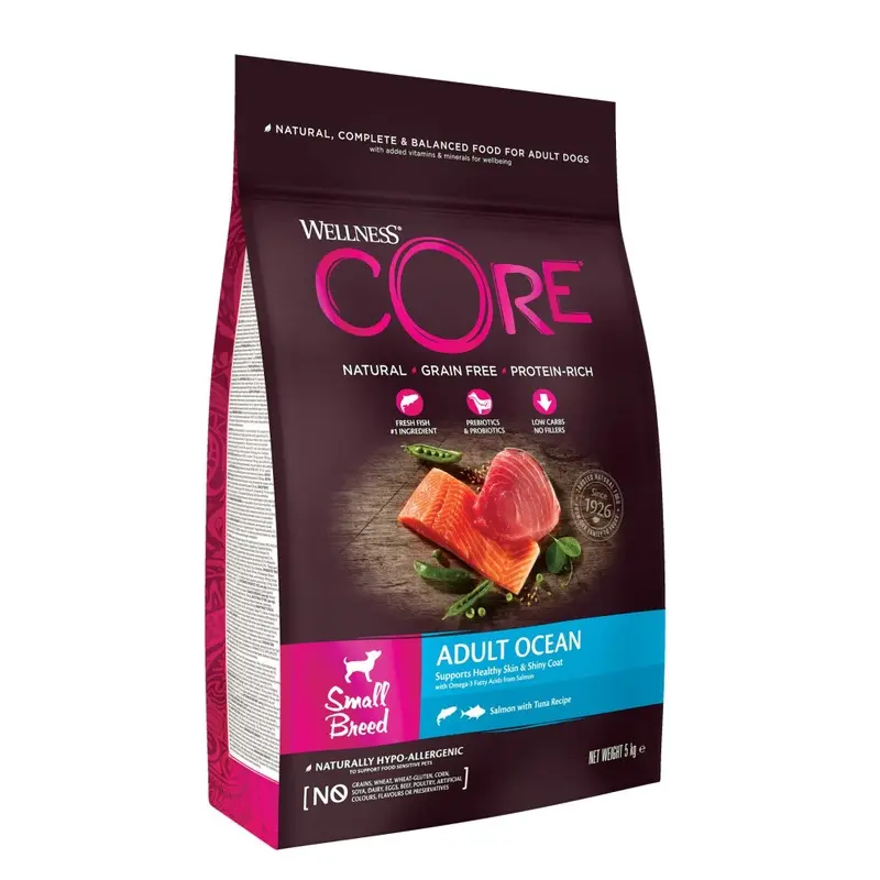 Wellness Core Salmon/Grain Breed Ocean, 5Kg, & Tuna, Dry Dog Food For Breeds, -Free, High Fish Content, Protein-Rich, Supports Healthy Skin Small